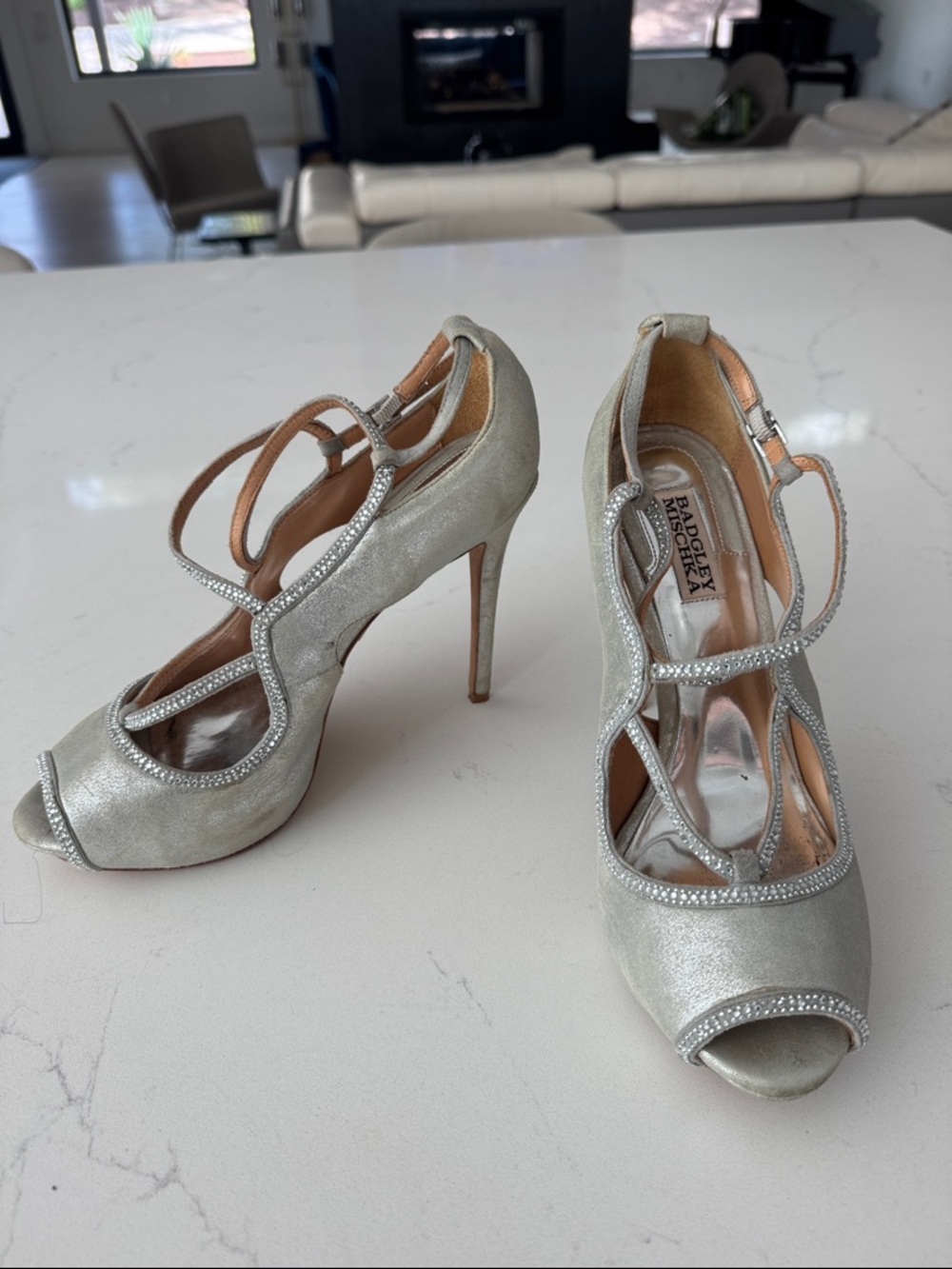 Badgley Mischka Silver Satin Crystal T-Strap Peep-Toe Heels